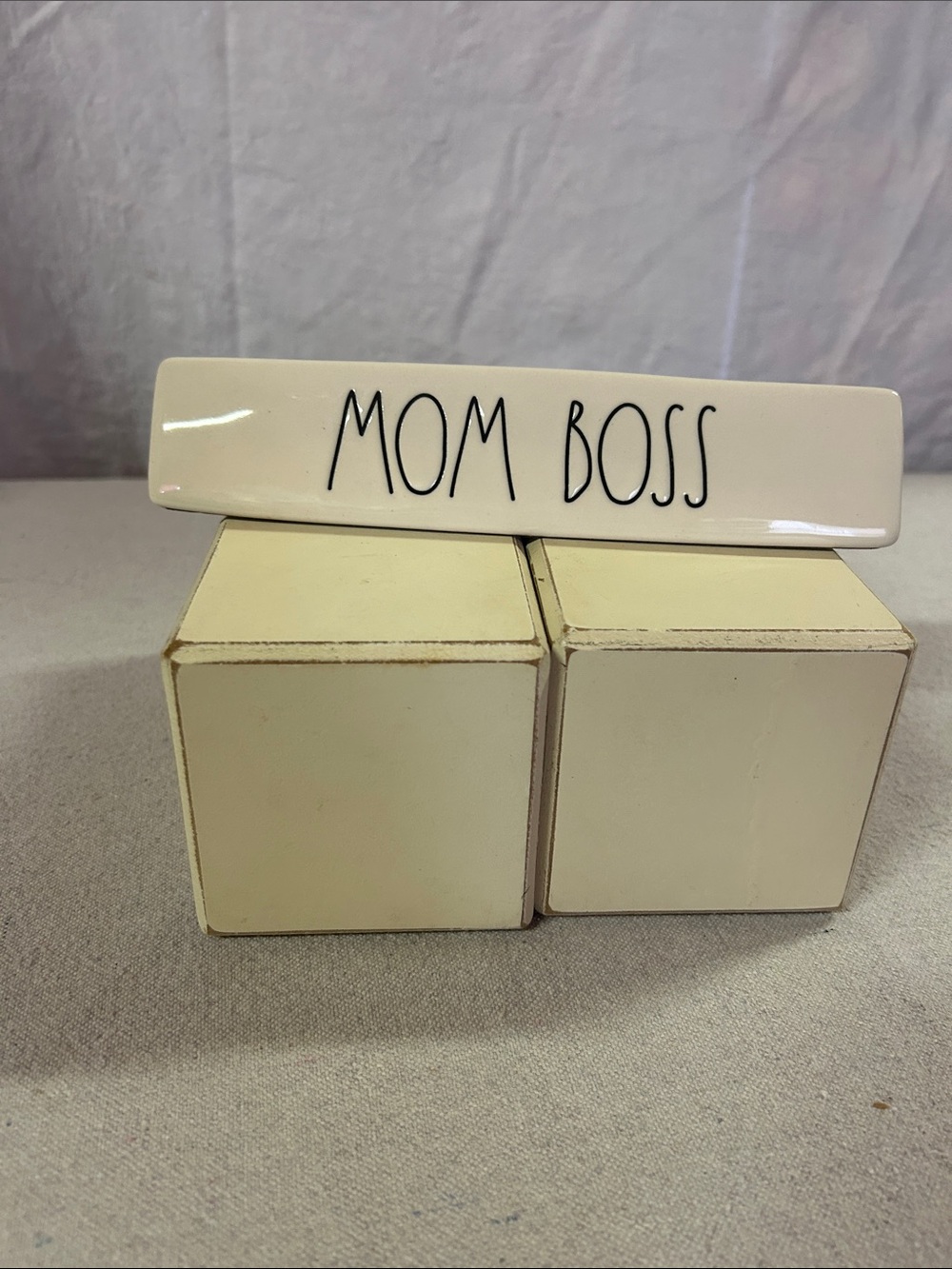 Rae Dunn Mom Boss Ceramic Nameplate in Cream and Black